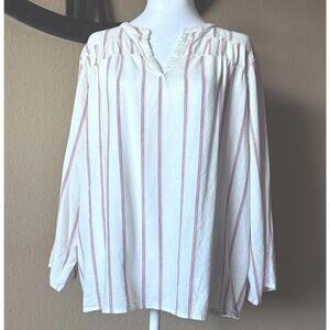 Splendid Linen Blend Blouse Women’s XXL White w/Red Strips Vneck Long Sleeve Top